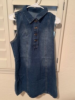 Sleeveless Denim Button-Front Dress - Blue